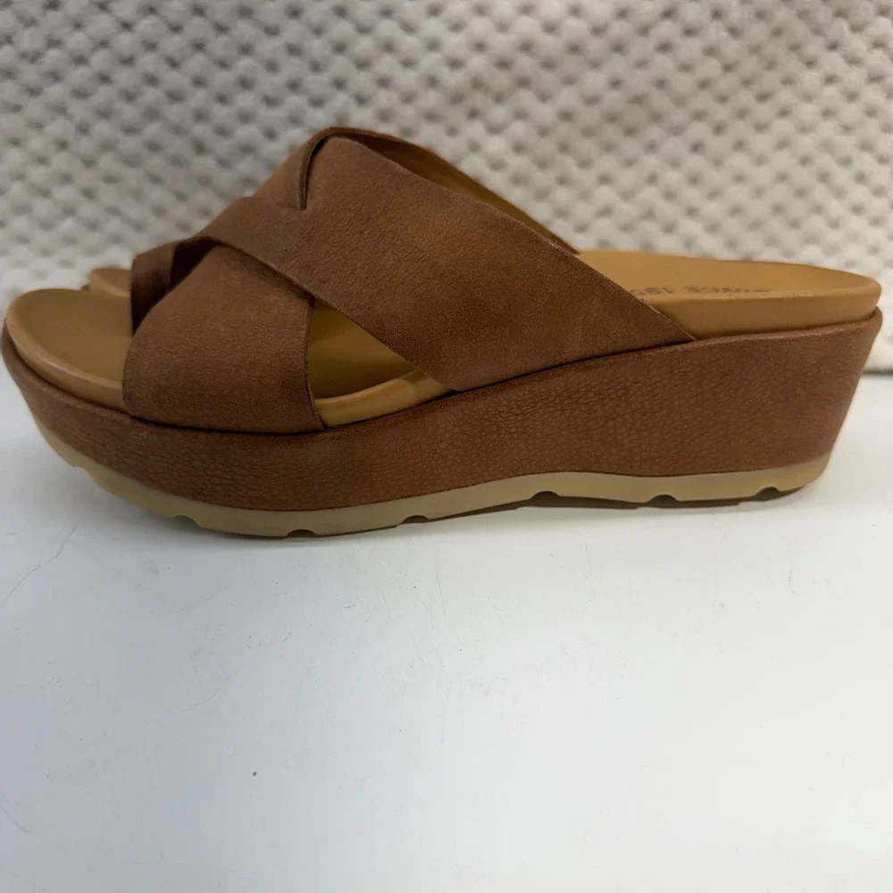 Kork-Ease K66057 Platform Slide Sandals Womens 6 Brown Leather Toe Loop Wedge